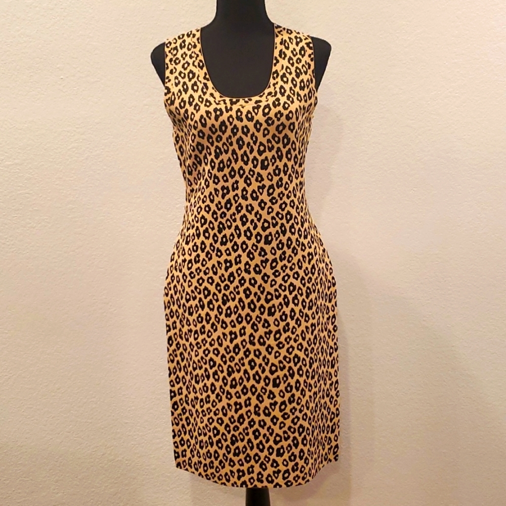 Theory, glossed, stretch knit leopard skin dress